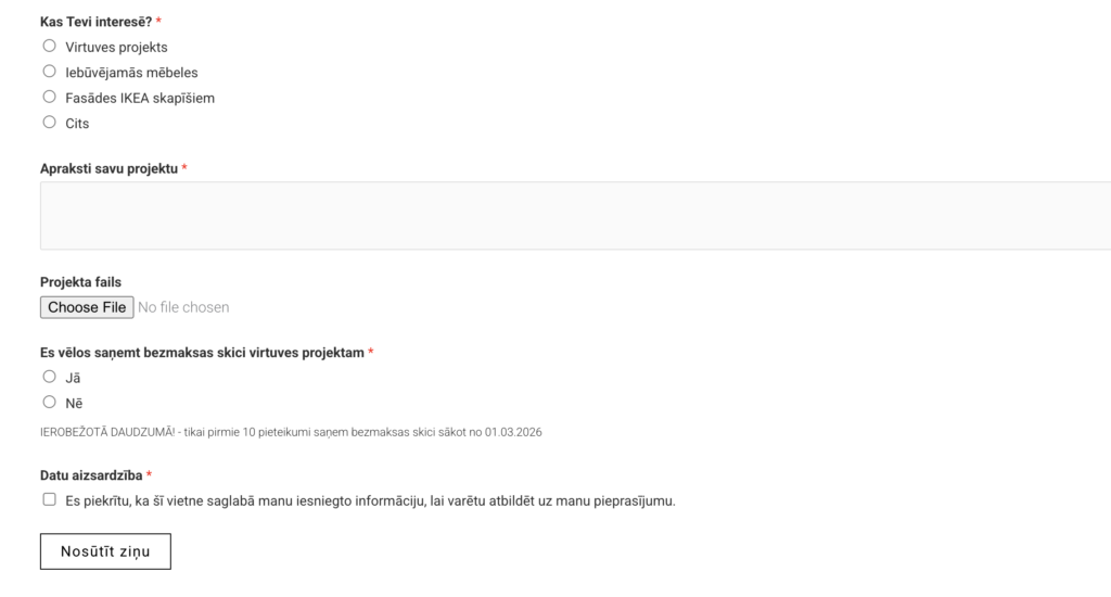 Bezmaksas virtuves mēbeļu projekta skice Martā