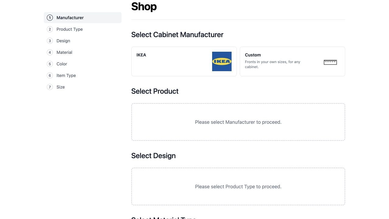 The amadlo configurator offers IKEA and Custom manufacturer choices