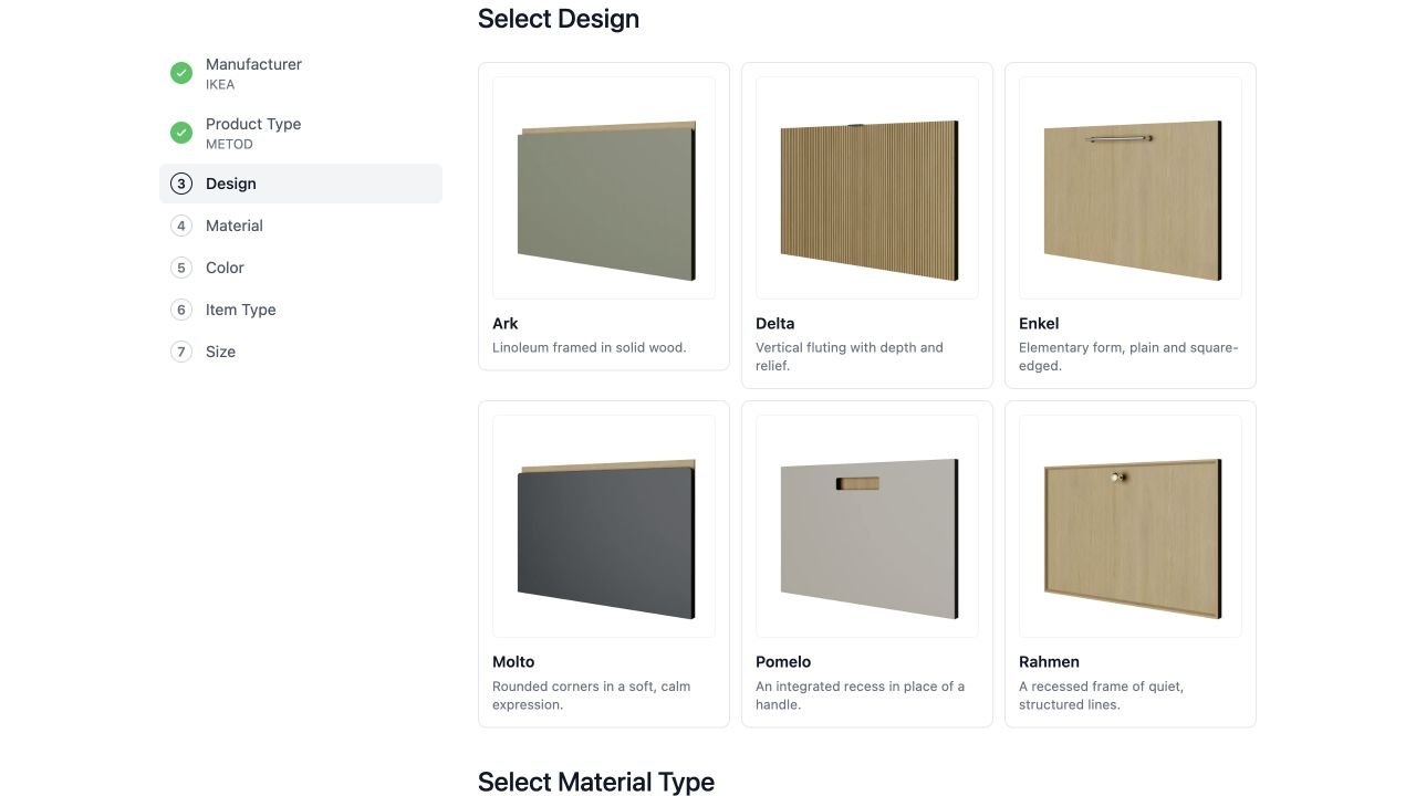 Six kitchen front designs displayed in the amadlo configurator