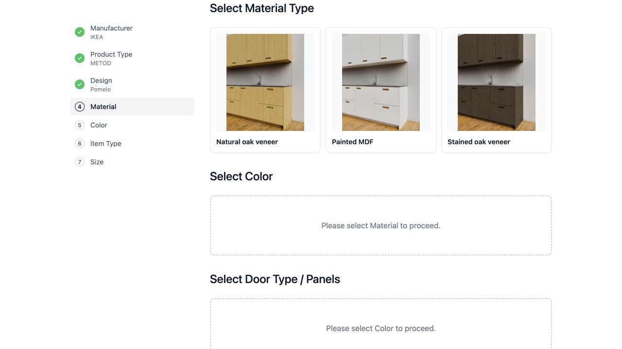 Natural oak veneer, painted MDF and stained oak veneer options for Pomelo kitchen doors