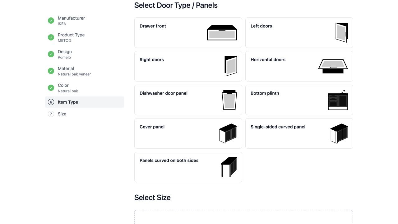 Door, drawer front, panel and plinth component choices in the amadlo configurator