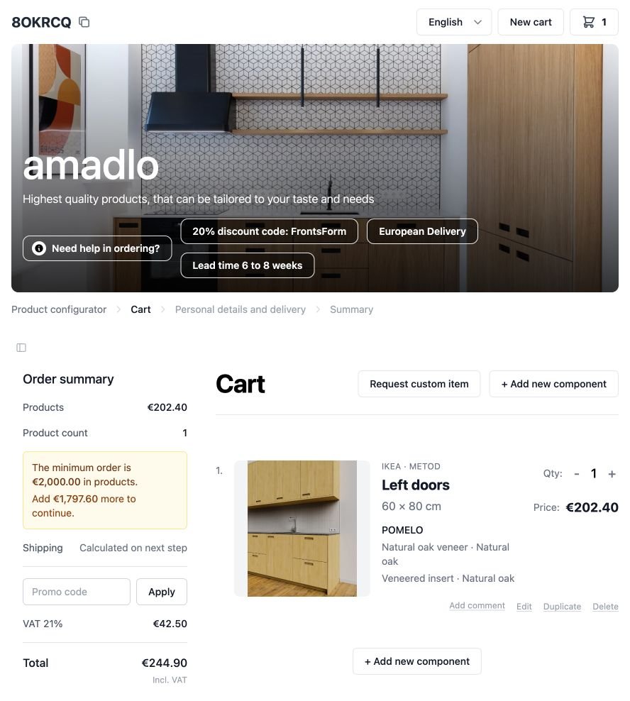 Example amadlo cart showing a Pomelo door price, VAT and the minimum product order