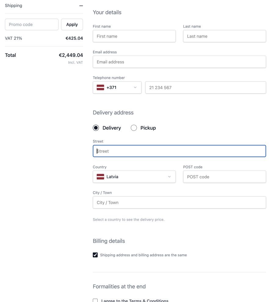 Delivery and pickup options with address fields in the amadlo checkout