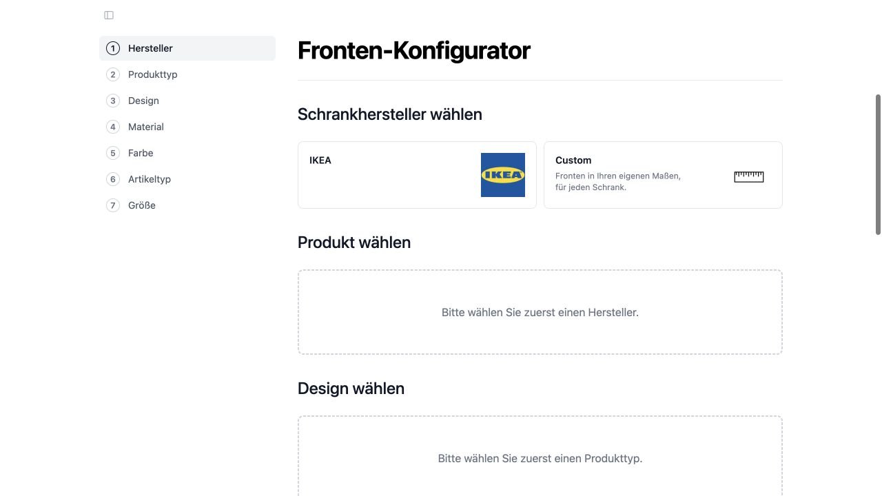 IKEA und Custom als Herstelleroptionen im amadlo Konfigurator