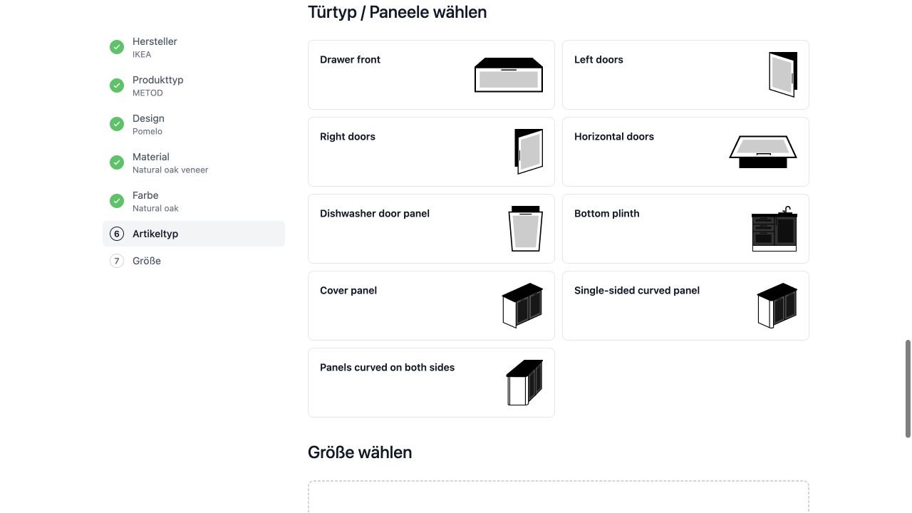Auswahl von Türen, Schubladenfronten, Paneelen und Sockelblenden im amadlo Konfigurator