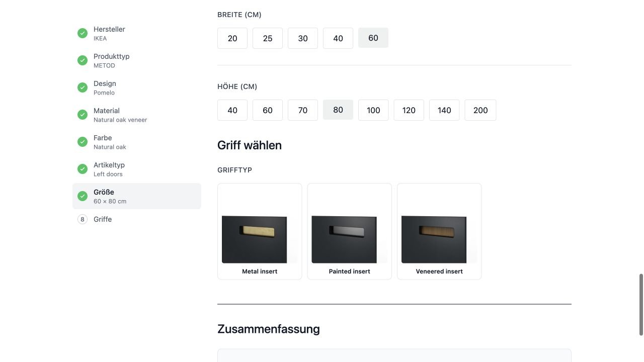 Auswahl einer Küchentür mit 60 × 80 Zentimetern im amadlo Konfigurator
