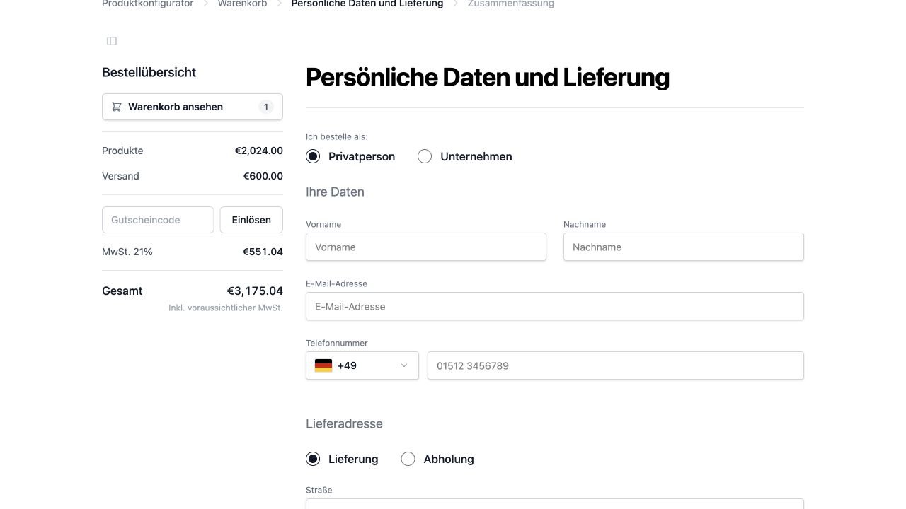 Leere Felder für Kundendaten im amadlo Bestellformular