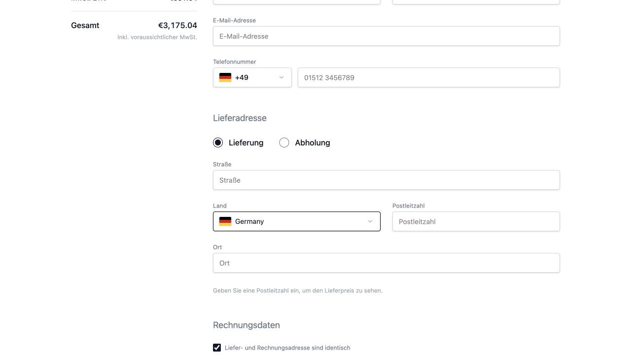 Lieferung, Abholung und Adressfelder im amadlo Bestellformular