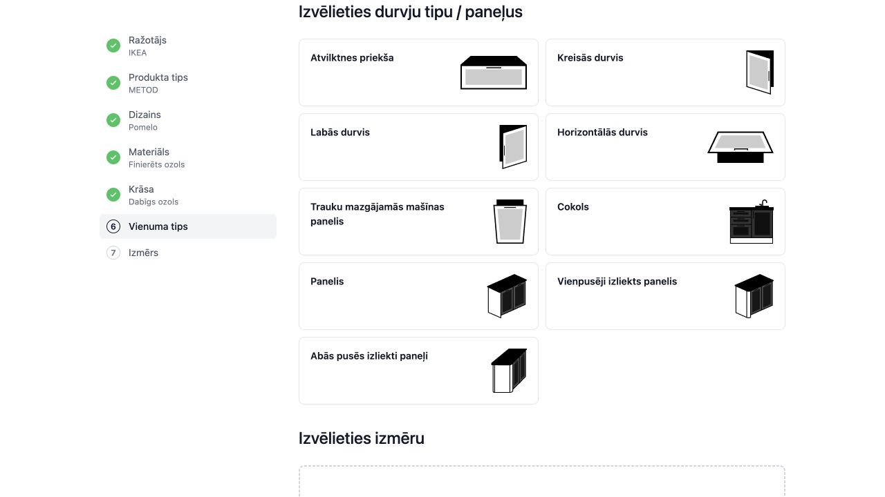 Durvju, atvilktņu priekšu, paneļu un cokolu izvēle amadlo konfiguratorā