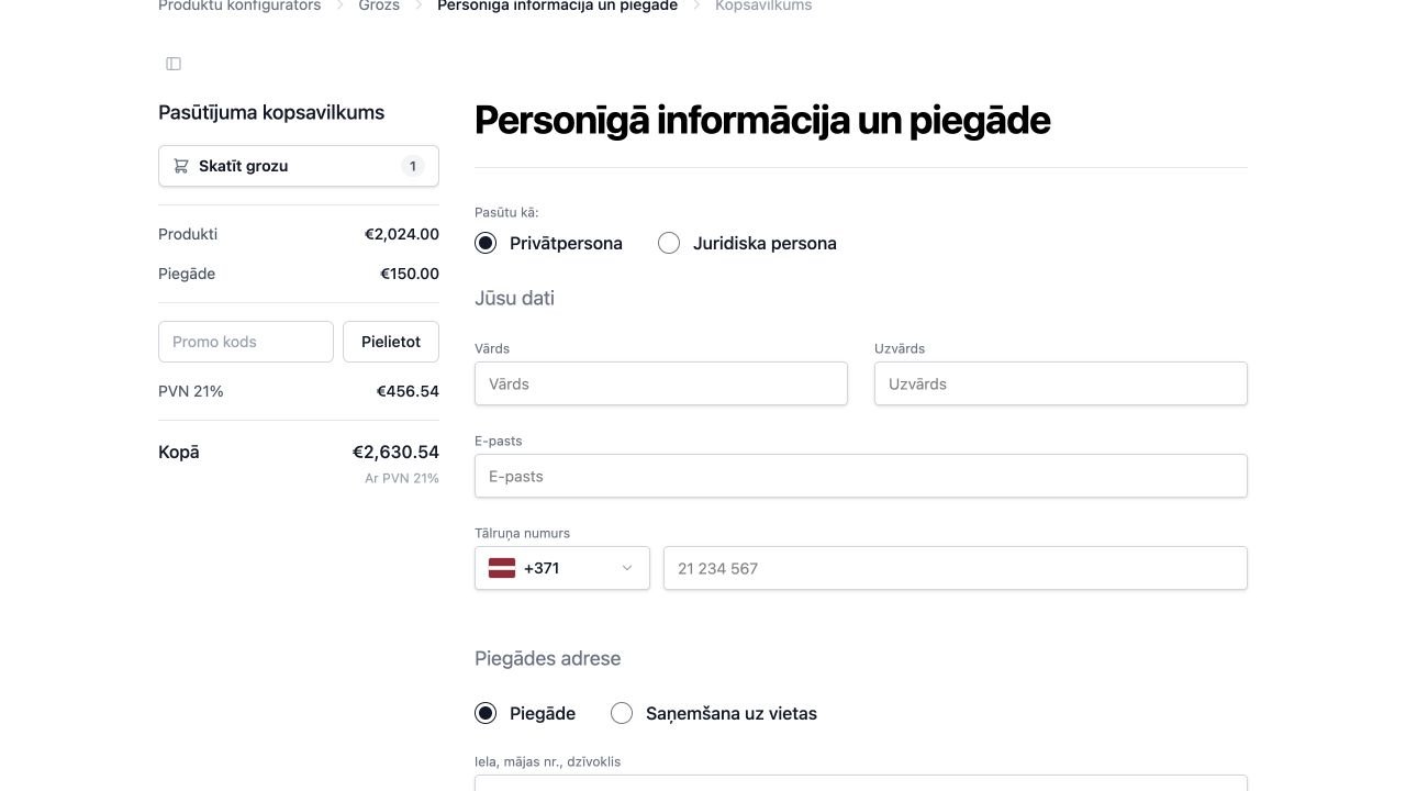 Klienta kontaktinformācijas lauki amadlo pasūtījuma formā
