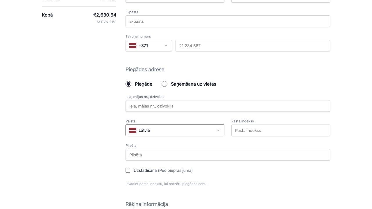 Piegādes un saņemšanas izvēle un adreses lauki amadlo pasūtījuma formā